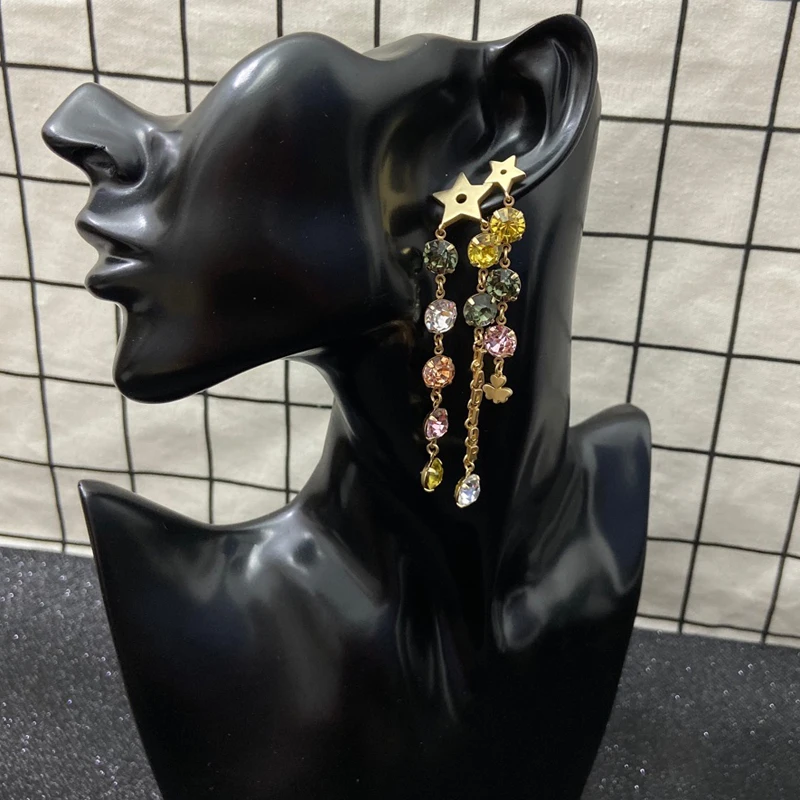 

Color crystal tassel star earrings female super fairy long temperament net celebrity high sense pendant earrings