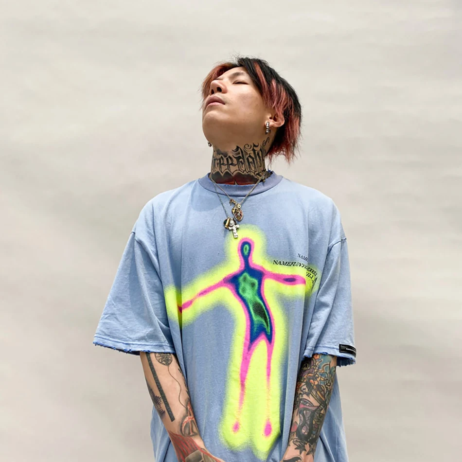 

2021 Urban Hip-Hop Oversized Men's T-Shirt Distorted Portrait Print Harajuku Short Sleeve Summer Streetwear Retro Cotton T Shirt