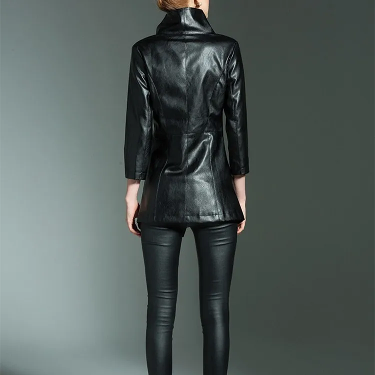 Новое поступление, женская черная теплая верхняя одежда, осенне-зимнее кожаное пальто с длинным рукавом на пуговицах, повседневные куртки из искусственной кожи с отложным воротником