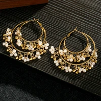 classic retro gold round alloy pearl beads tassel earrings for women bohemia jhumka earrings indian jewelry oorbellen