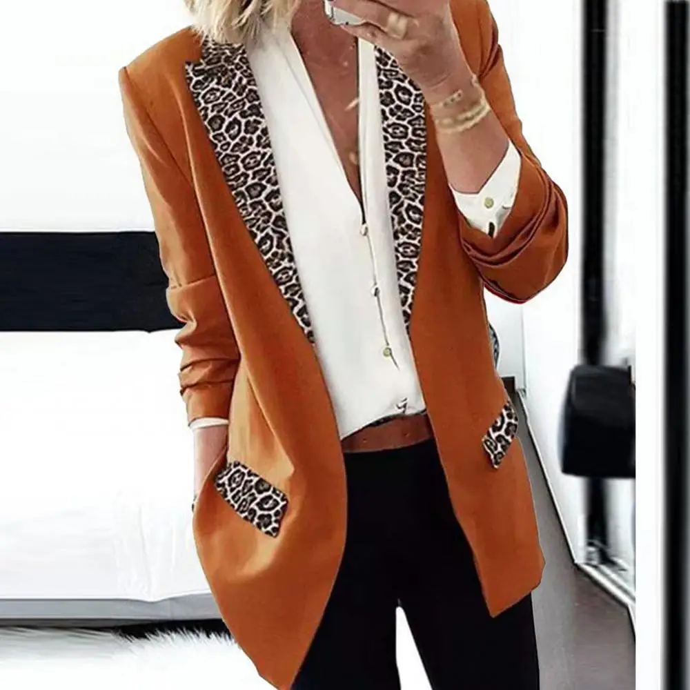 

Women's lapel leopard print stitching suit casual fashion long-sleeved front cardigan slim coat jacket