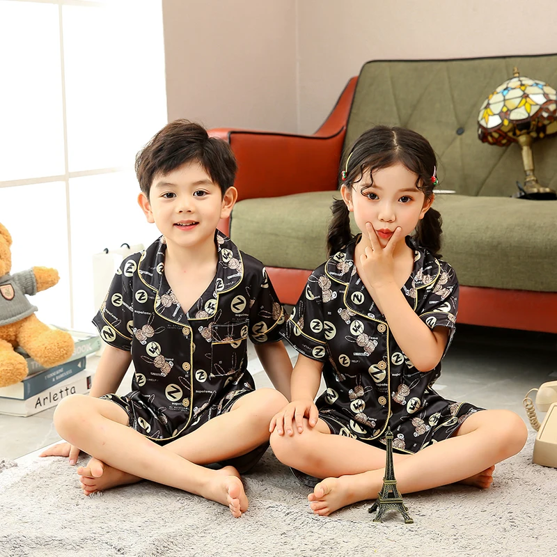 

2021 Summer Pikachu Cartoon Pajama Girl Short Cardigan Cute Boy Pajama Sets Silk Satin Cool Silky Kid pajamas 2021 Free Shipping