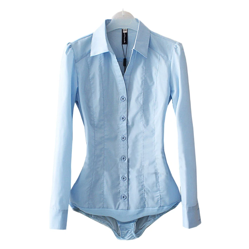 Office Blouse Solid Body Shirt Turn-down Collar V Neck Long Sleeve Blouse Buttons Up Women Tops and Blouses Light blue White