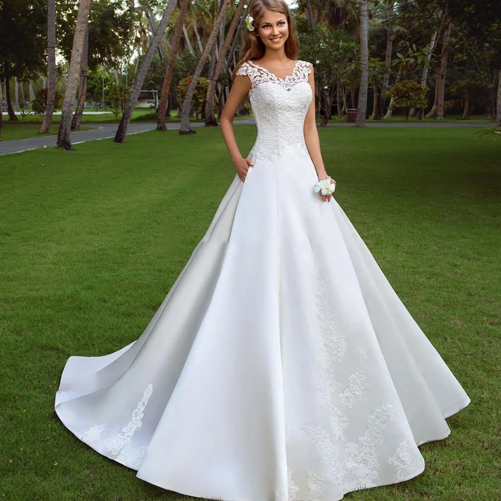 

Charming Satin Wedding Dresses A-Line Scoop Cap Sleeves Open Back Sweep Train 2021 Bride Gowns Vestido De Noiva