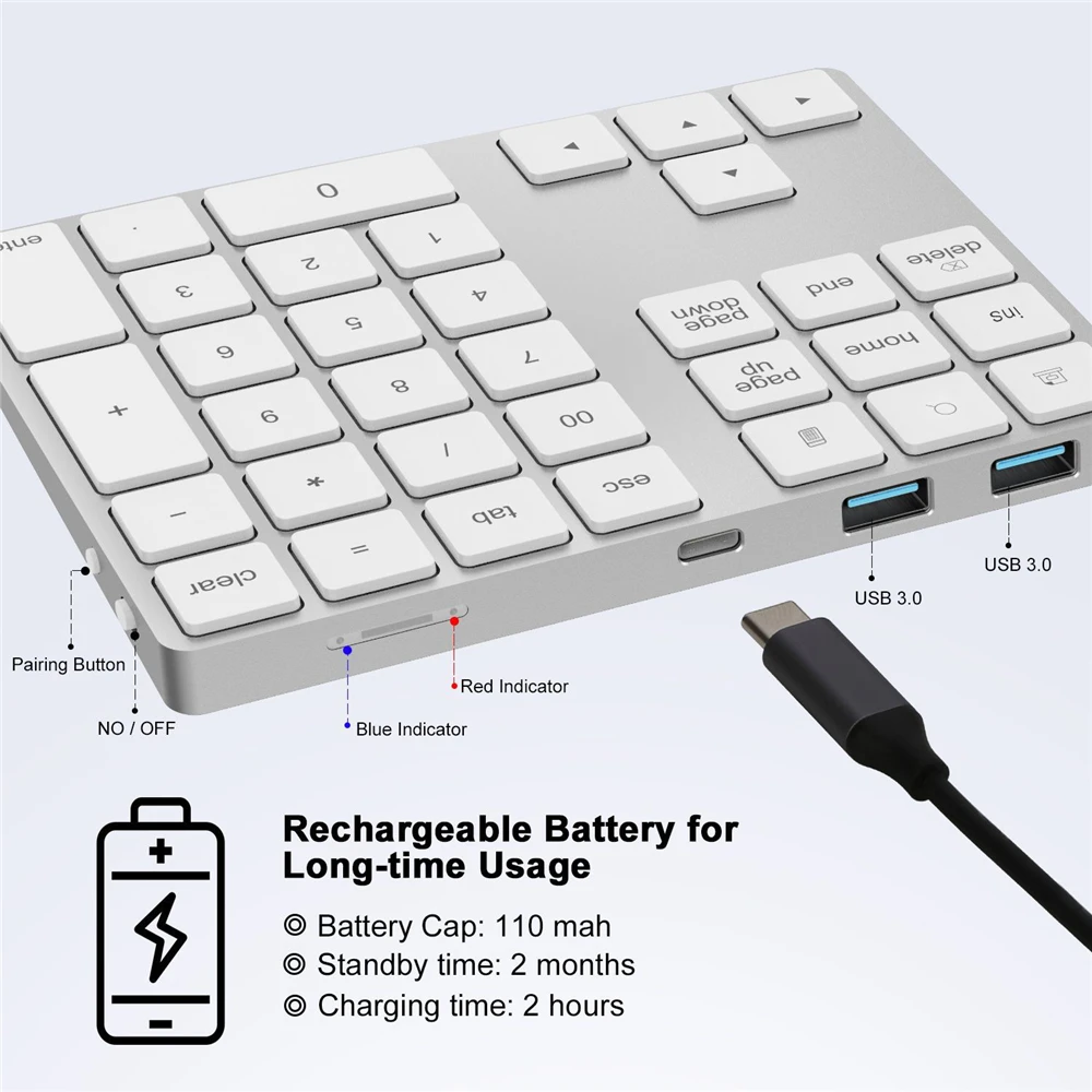 

Aluminum Alloy Bluetooth Wireless Numeric Keypad with USB HUB Digital Input Function for Windows Mac OS Android Laptop PC