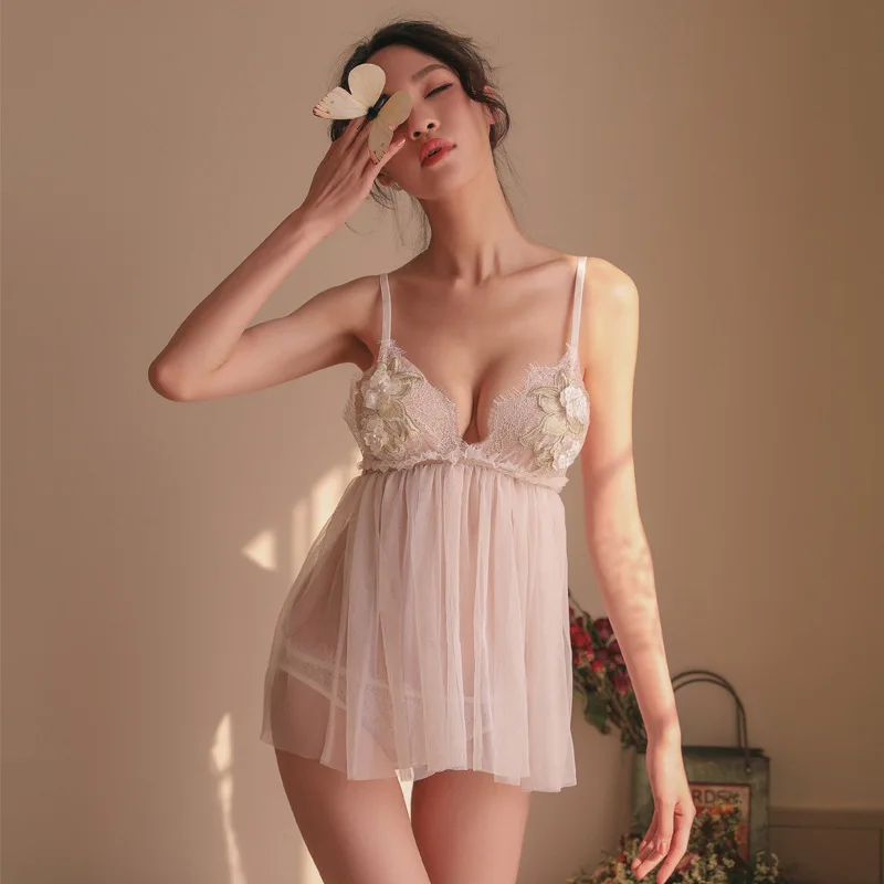

New Sexy Night Dress Water Soluble Lace Lingerie Nightgown Travel Holiday Beautiful Gauze Nightdress Women Sleepwear Sleep Dress
