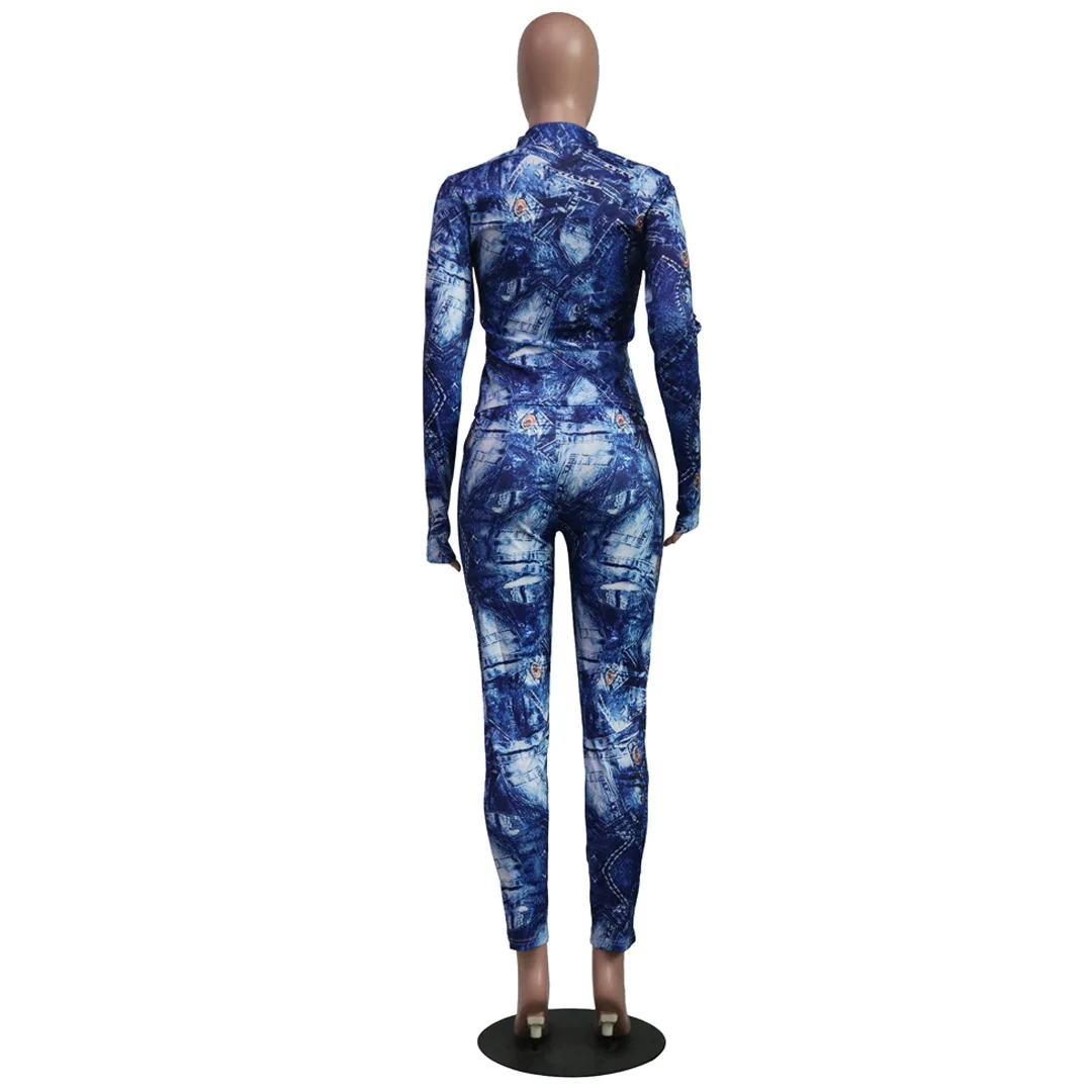 

Fashion Sexy Denim Tie Dye Printed Two Piece Set Women Long Sleeve Crop Top And Pants Tracksuit Skinny Party 2 Piece Set