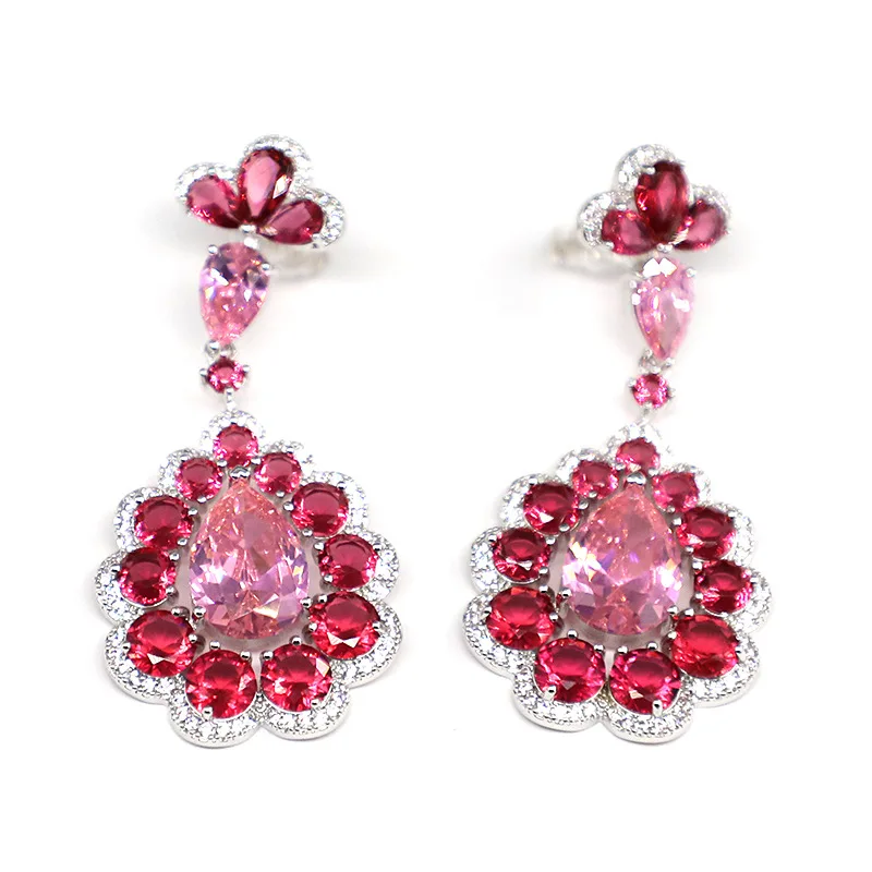 

Fashion rose red zircon flower earrings 210318-04