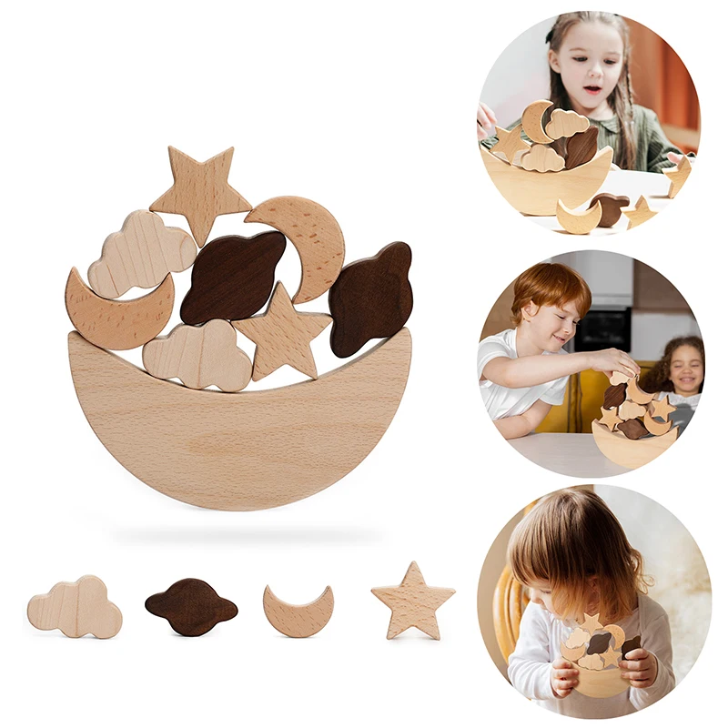 

New 9Pcs Baby Wooden Jenga Montessori Blocks Educational Toys Stars Moon Shape Stacking Game Balance Training Kids Best Gifts