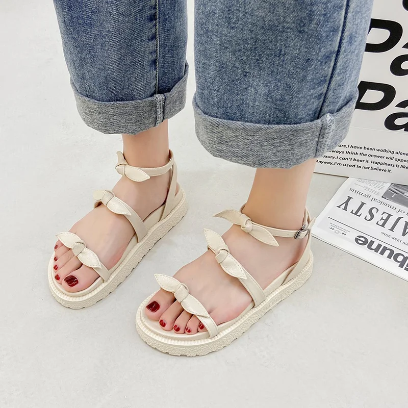 

Beach Sandal Woman Luxury Bow Shoes Summer Heels Suit Female Beige All-Match Med Girls 2021 Flat Gladiator Fashion Black Clear