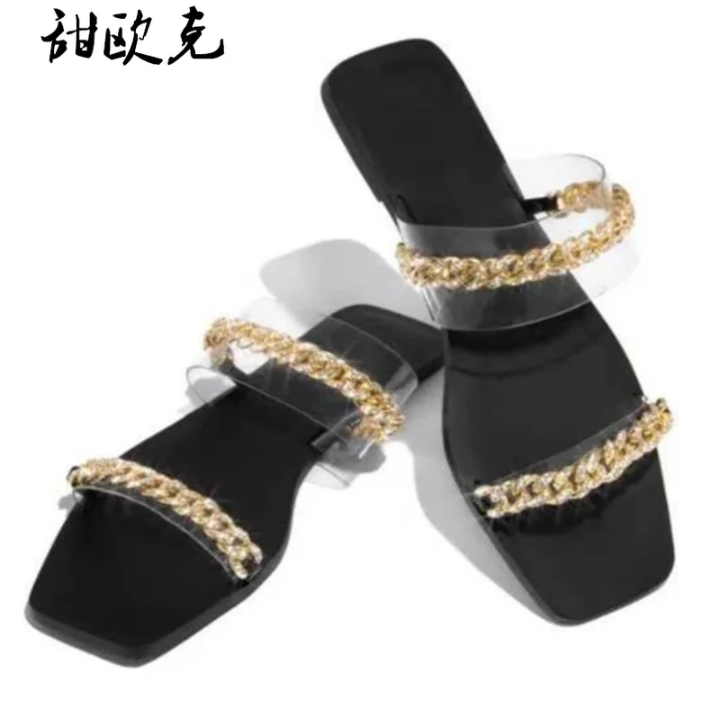 

2021 New Summer Women's Sandals Fashion Rhinestone Square Head Women Casual Sandals Outdoor Beach Open Toe Slipper Zapatos Mujer