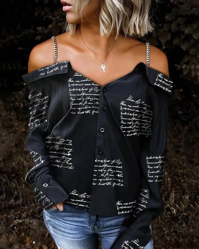 

Sexy Long Sleeve Letter Print Chain Strap Button Design Shirt