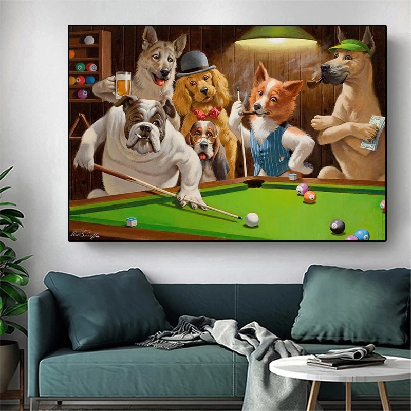 

Bar counter coffee shop billiard hall canvas painting, funny art poster of a group of animals playing billiards, home decoration