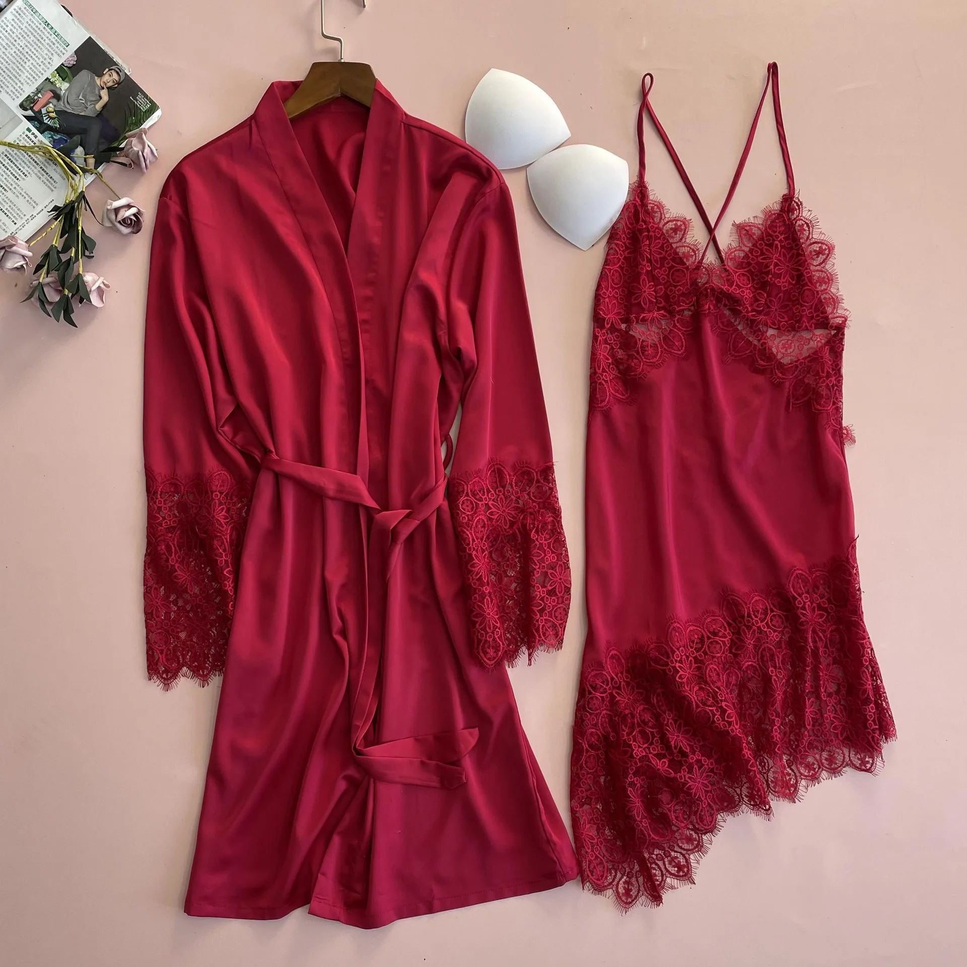 

Lace 2PCS Wedding Robe Set Female Sexy Kimono Bath Gown Hollow Out Satin Bridal Bathrobe&Nightgown Loose Intimate Lingerie