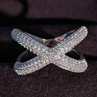 luxury silver color x shape micro paved white cz stone bridal ring women elegant wedding engagement jewelry ring