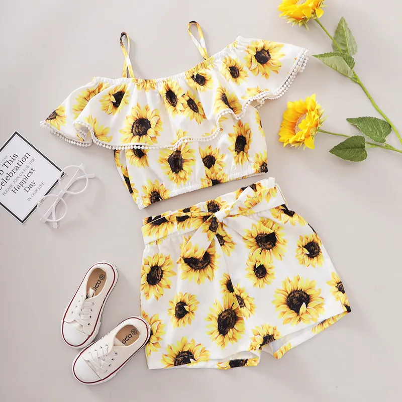 

Micol Emilly 3-8T Casual Girls Set Fashion Girls Set Kids Clothing Set Sunflower Off-shoulder Pants Set