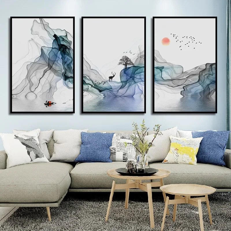 

Fashion New Chinese Abstract Art Poster Ink Bird Landscape Canvas Painting Home Decoration Living Room Wall Painting Frameless