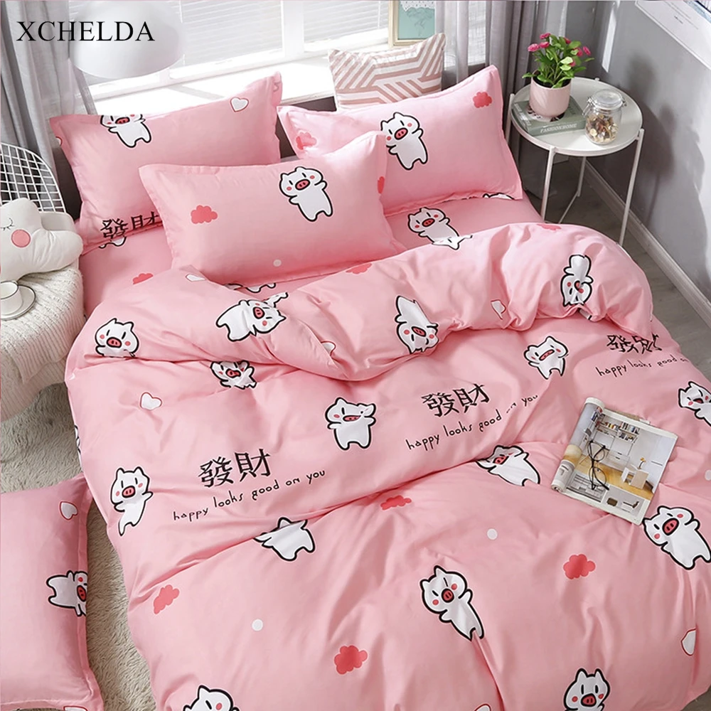 Duvet Cover Set Double Queen King Pink Kawaii Pig Bedspread Adult Single Bed sheet Pillowcases Bedding set Family | Дом и сад