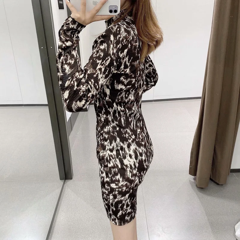 

Za Women PrintedJacquard Mini Dress Women Vintage High Collar Ruched Long Sleeve Women Dresses Ladies Elegant Bodycon Dress