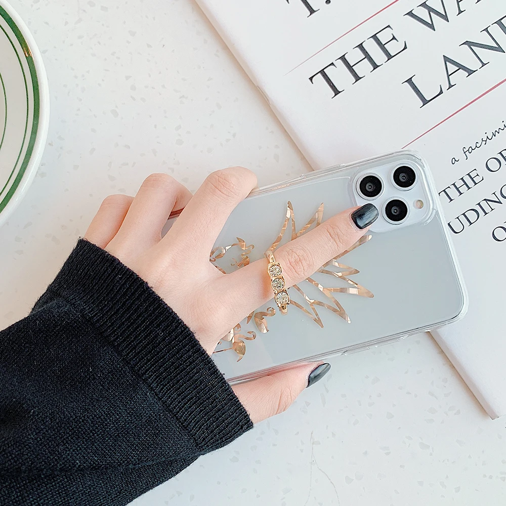 Прозрачный чехол с кольцом подставкой и золотым ананасом для iPhone 12 11 Pro Max Mini XR X XS 7