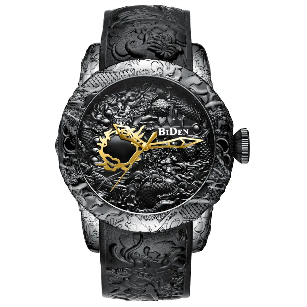 

BIDEN Men's fashion big dial 3D sculpture dragon watch silicone strap 30M waterproof elegant design