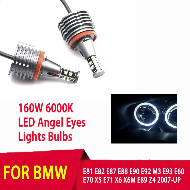 

160W/Pair for BMW 1 3 5 Series E81 E82 E87 E88 E60 Z4 E89 High Power Free Error Super Bright 6000K White LED Angel Eyes Light