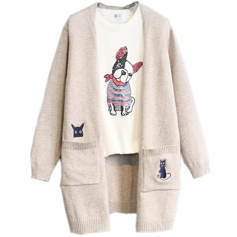 

OMCHION 2020 Autumn New Korean Style Mid-length Loose Embroidery Sweater Coat Casual Loose Cute Cardigan Or Women LYT51