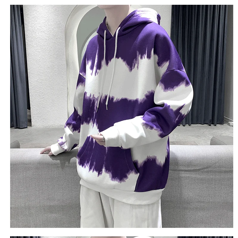 

Autumn Spring Men Hoodies Tie Dye Print Long Sleeve Fashion Hooded Casual Male Korean Style Simple Shirt Loose Pullovers Tops