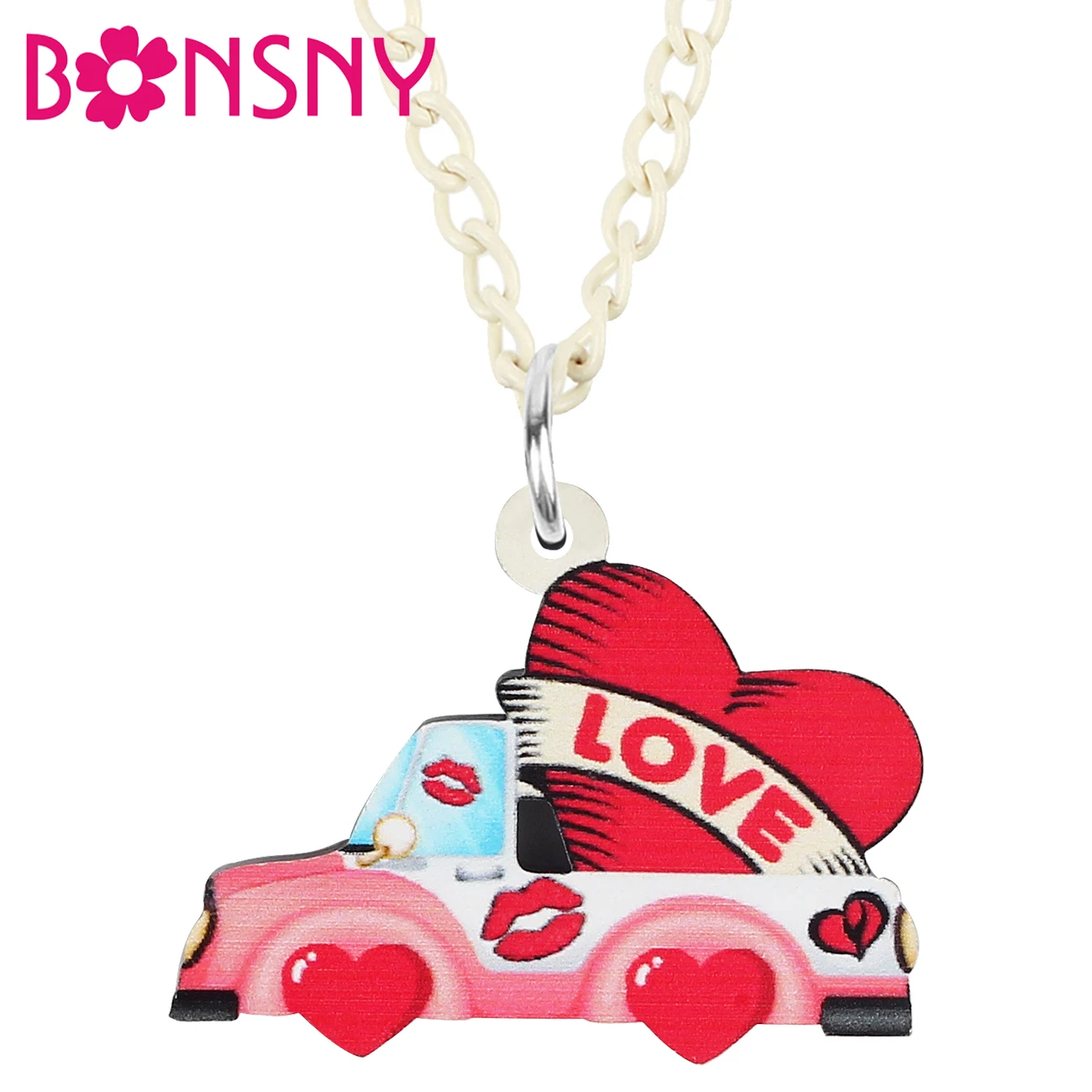 

BONSNY Valentine's Day Acrylic Sweet Red Love Heart Pink Car Truck Necklace Pendants Novelty Jewelry For Women Girl Teens Gifts