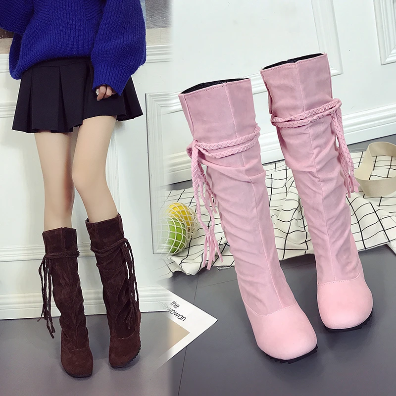 

Brand Design Female Boots Pointed Med Heel with Platform Autumn Winter Comfy Lady Office Women Knee High Booties Winter Shoes