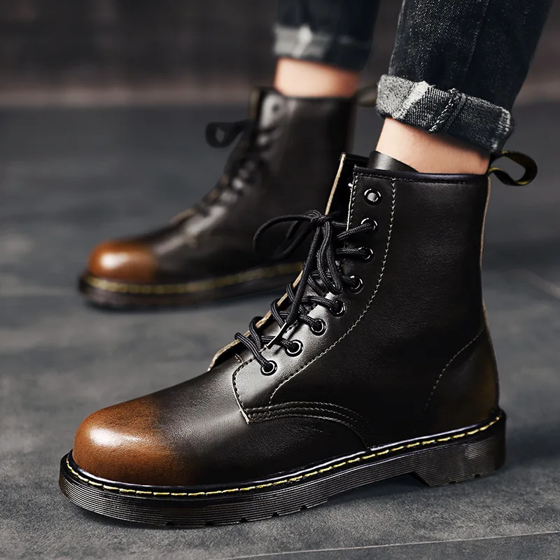 Fashion Luxury Martin Boots Thick-soled Ankle Boots Lace-up Men Motorcycle Boots Genuine Leather High Top Men's Shoes