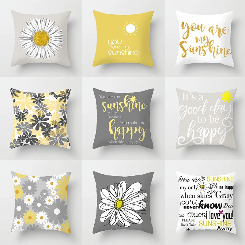 

Daisy Pillow Covers You are My Sunshine Yellow Gray with Chevron Words Decorative Pillow Cases Home Decor Square 18x18 Inches