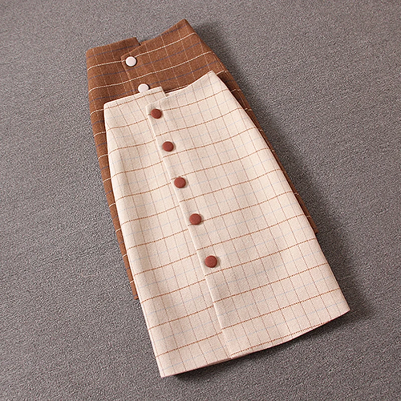 Осень-зима верблюжья шерсть в клетку на пуговицах Юбки миди высокая талия модные