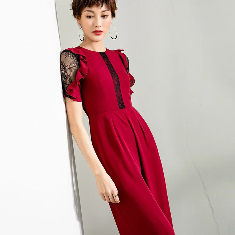 2020 Women Summer Party Jumpsuits Formal Chiffon Elegant Wide Leg Women Customize Lace Red Rompers Jumpsuit Plus Size 3XL 4XL