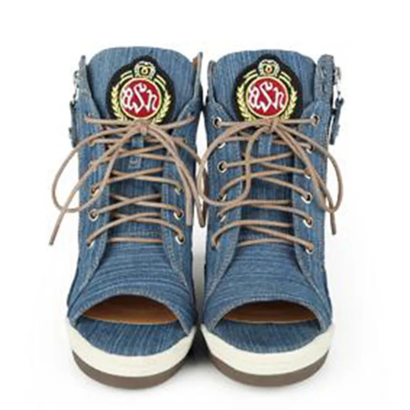 Женские джинсовые сандалии на танкетке с открытым носком | Обувь