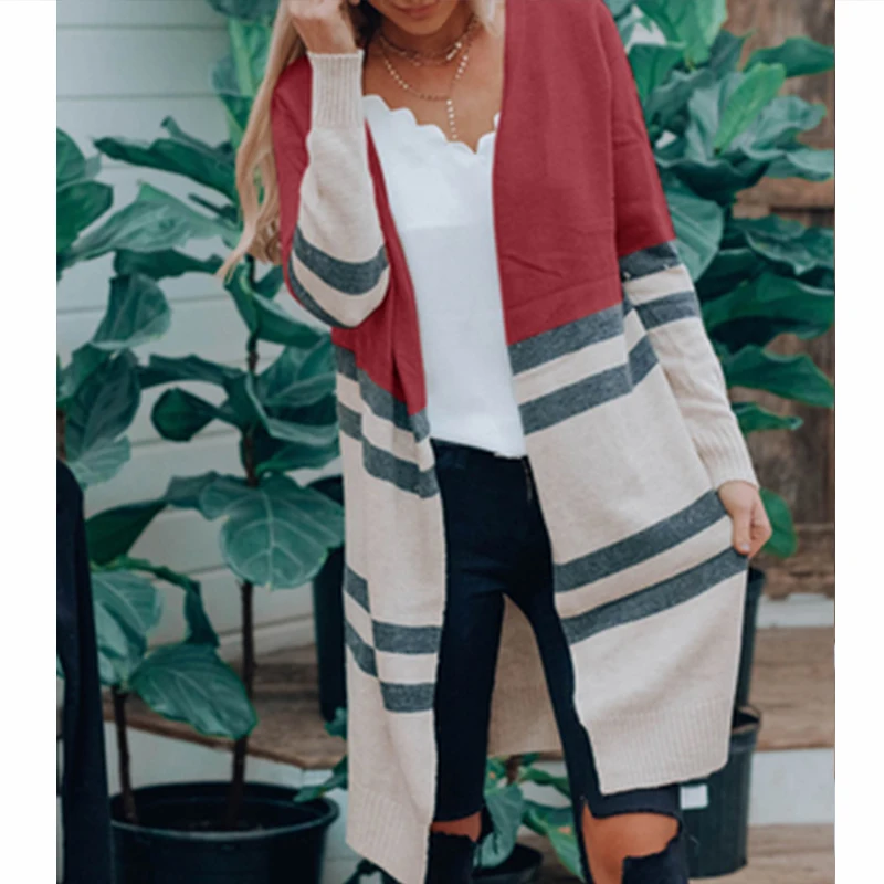 Женский длинный кардиган в полоску Umeko Осенний Вязаный Кардиган с длинным