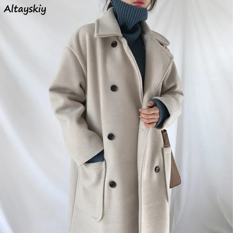 

Wool Women Solid Elegant Double Breasted Big Pockets Womens Winter Long Coat Outwear All-match Streetwear Thick Chic Harajuku