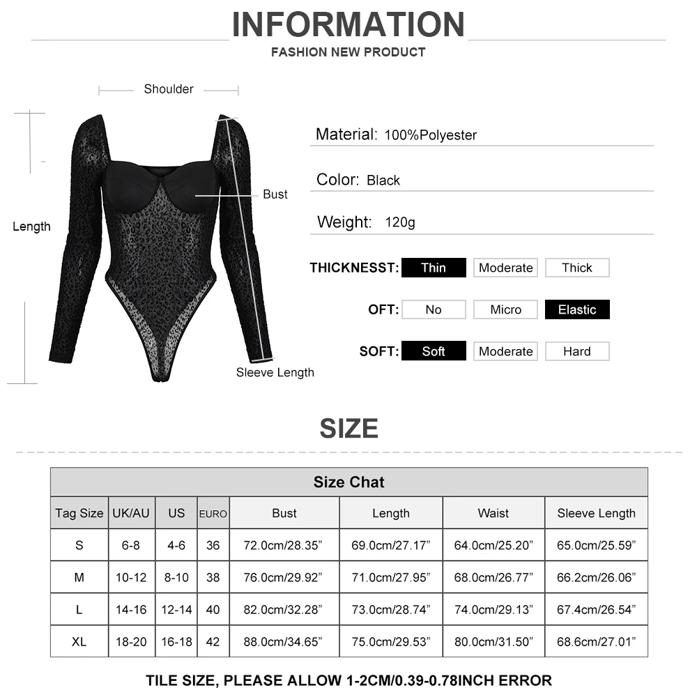 

See Through Black Women Bodysuit Romper Sexy Long Sleeve Tops Playsuit Square Neck Leopard Printed Bodysuit For Ladies D30
