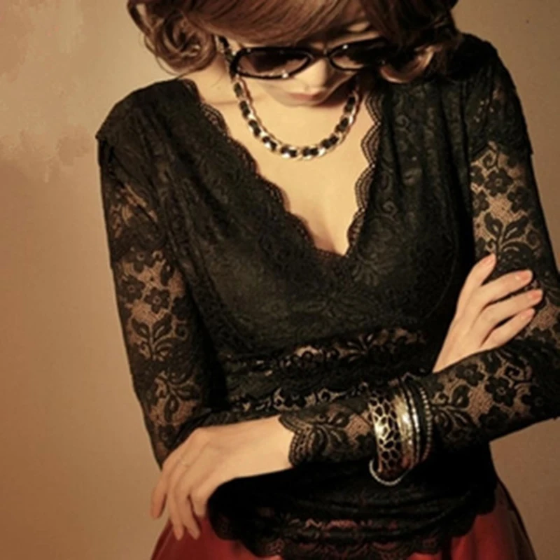 Женский топ с V-образным вырезом кружевной длинным рукавом |
