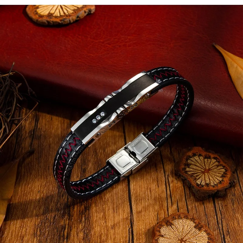 

Trendy Jewelry Men Black Leather Rope Zircon Bracelet Adjustable Bracelets Bangles Punk Male Wrist Band Pulsera Hombre