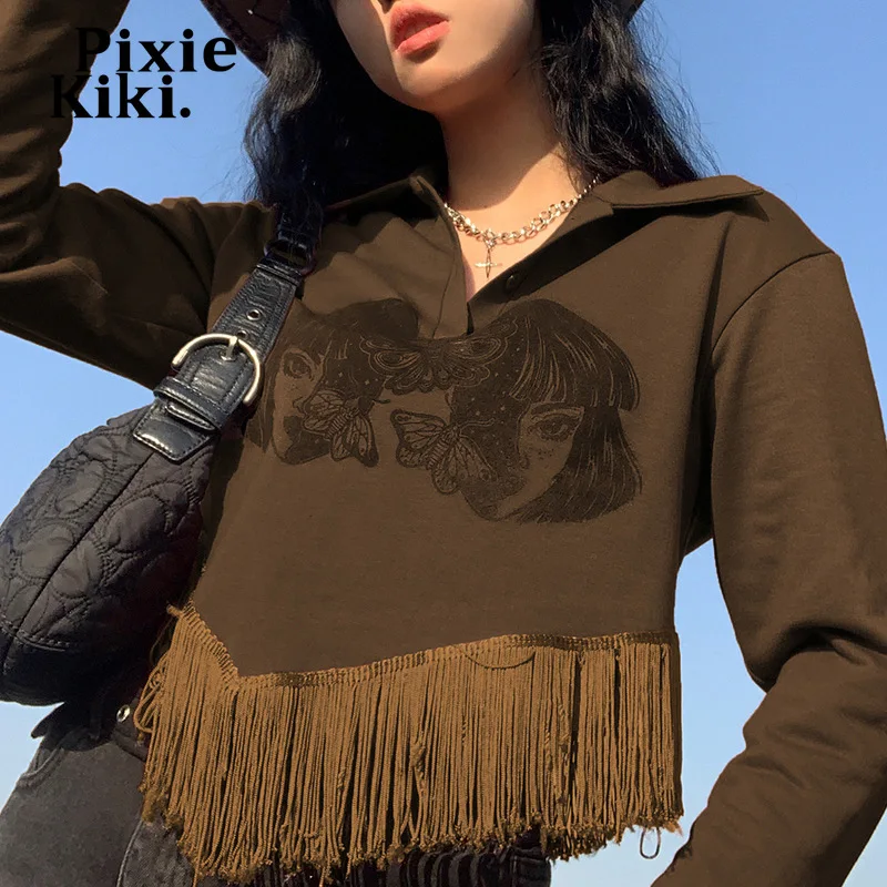 

PixieKiki Butterfly Angel Printed Brown Y2k Hoodies for Women Kawaii Grunge Sweatshirts Long Sleeve Fringed Graphic Tops P84DA33