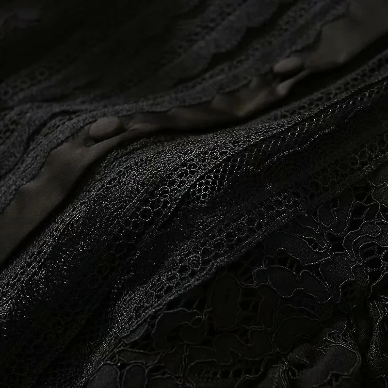 

AELESEEN Runway Fashion Black Lace Dress High Quality Ruffles Flower Embroidery Elegant Office Ladies Long Dresses