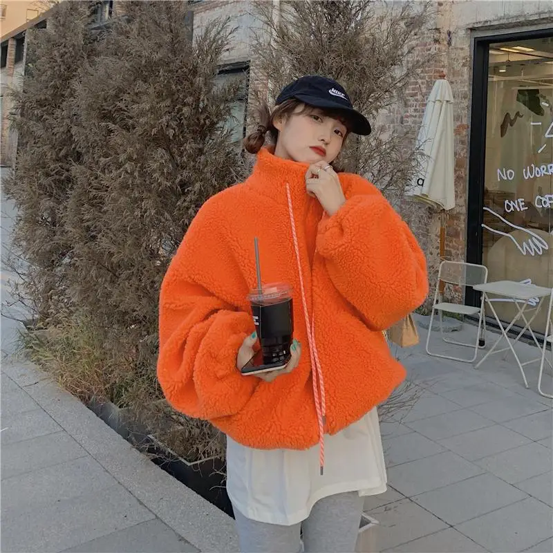 

Autumn And Winter Street Loose Plus Velvet Stand-Up Collar Lamb Wool Harajuku Solid Color Short Coat Jacket женская куртка