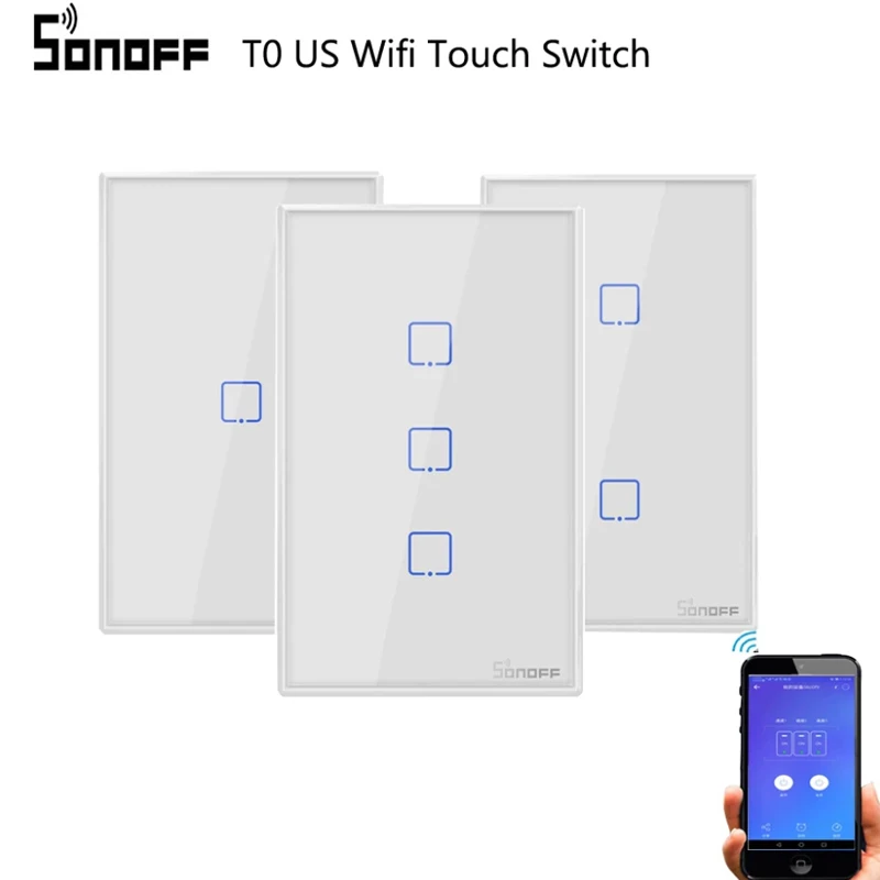 

Умный выключатель Sonoff с Wi-Fi, настенный сенсорный выключатель T0, для США, ЕС, 1, 2, 3 клавиши, беспроводная лампа с дистанционным управлением, кон...