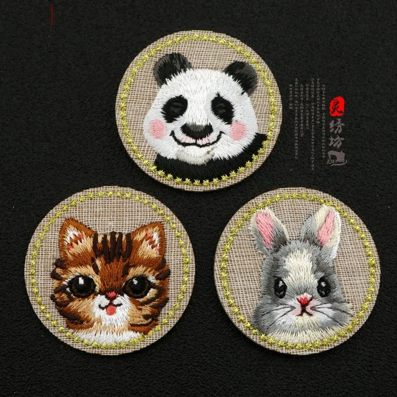 

20pcs/lot round luxury Embroidery Patches Panda rabbit cat kitty Backpack Clothing Decoration Iron Heat Transfer Applique
