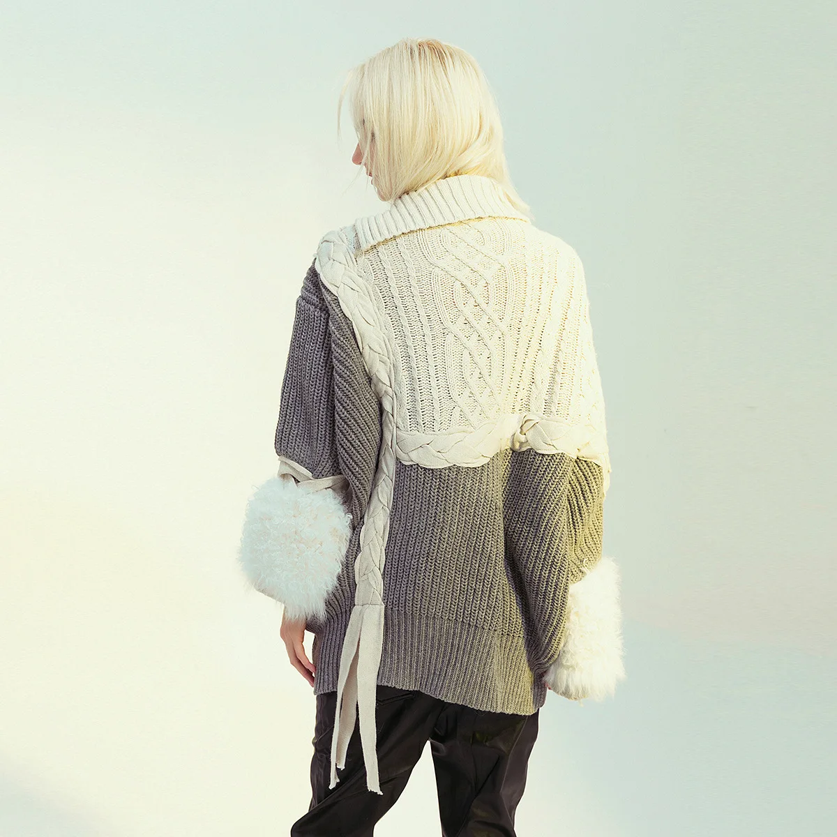 New Woven Linen Flower Color Slim Sweaters Irregular Furry Cuff Loose Zip Off-Shoulder Pullover Sweater Long Sleeve Minimalism