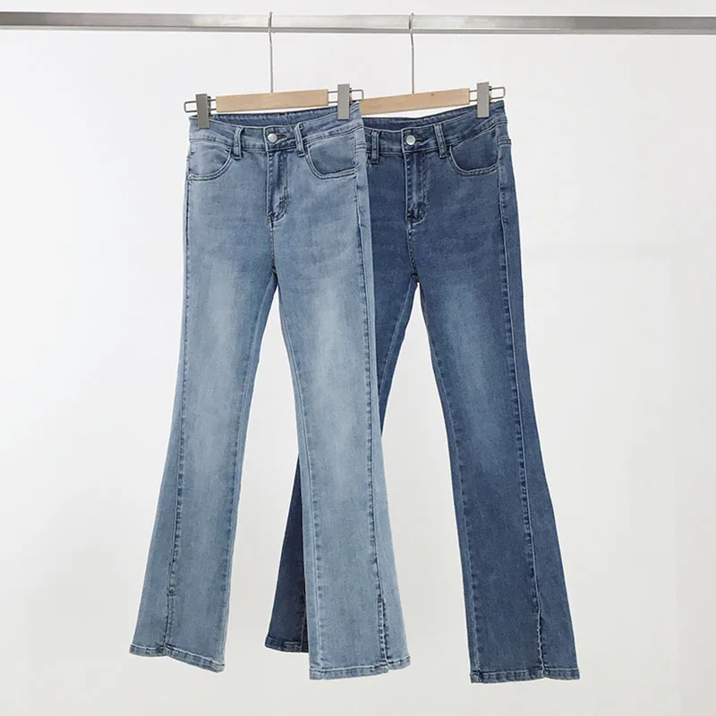 

Однотонные синие расклешенные джинсы для девочек, весенние облегающие джинсы с колокольчиками, женские облегающие брюки с разрезом сперед...