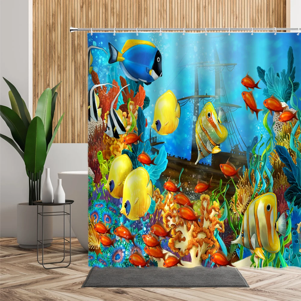 

3d-занавеска для душа «Подводный мир», цветная Водонепроницаемая тканевая шторка для ванной комнаты, с изображением морской рыбы, кораллов, ...