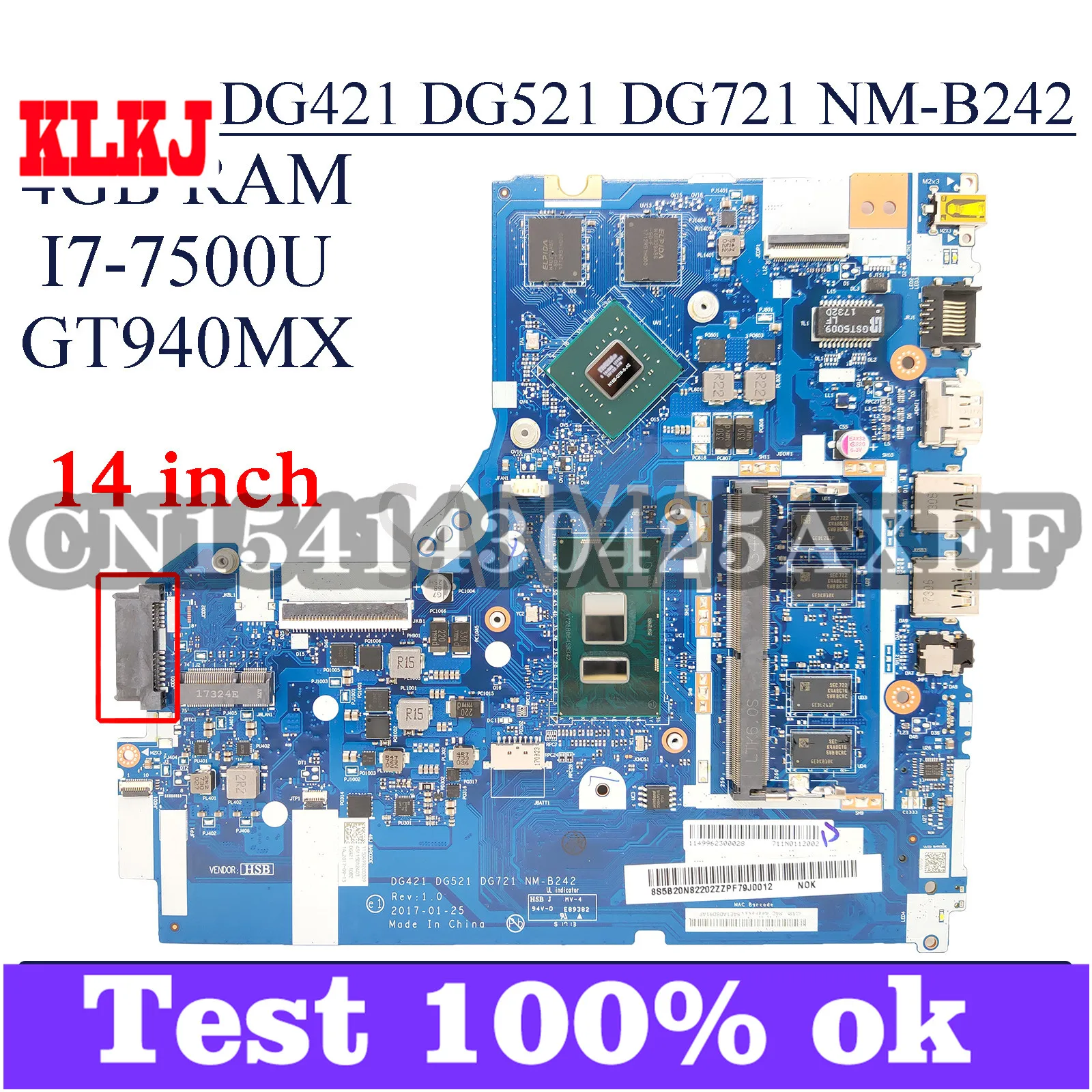 

KLKJ NM-B242 материнская плата для ноутбука Lenovo Ideapad 320-14IKB (14 дюймов) оригинальная материнская плата 4GB-RAM I7-7500U GT920MX