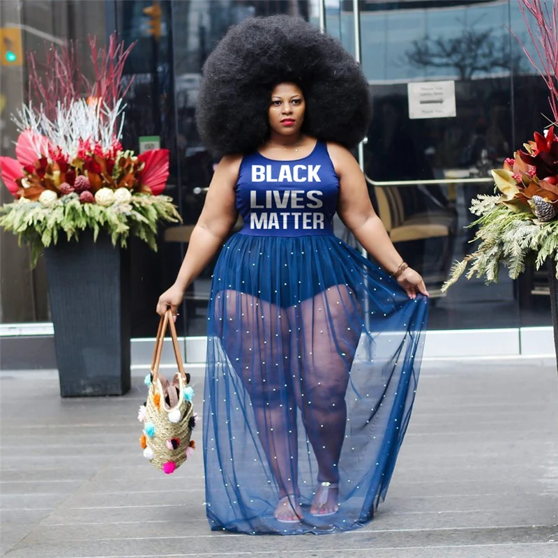 

2022 Dress Plus Size Summer Sleeveless Blue Dress Mesh Pearls Transparent Sexy Bohemian Dresses Maxi Wholesale Dropshipping
